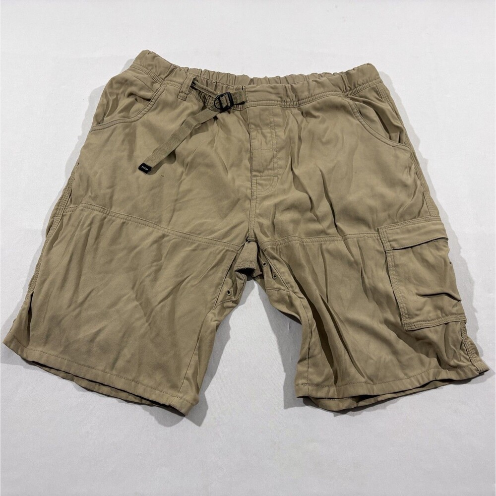 Prana Stretch Cargo Shorts Mens Nylon Beige Belted Hiking 10" Inseam Sz L Piling